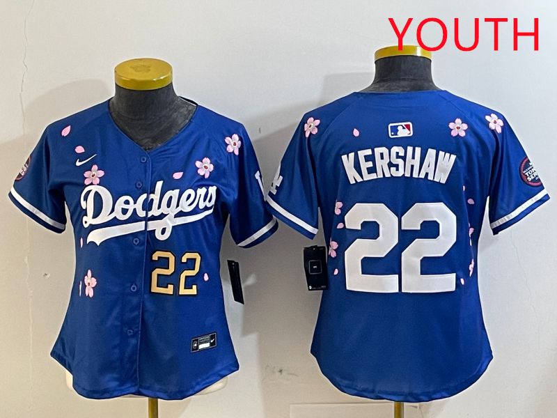 Youth Los Angeles Dodgers 22 Kershaw Blue White Blue Sakura Edition 2025 Nike MLB Jersey style 4